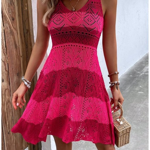 Pink Womens Colorblock Pointelle Knit Cover Up Dress - Picture 2 of 6